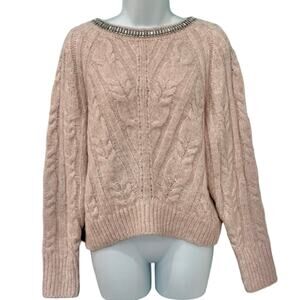 Express Baby Pink Chunky Knit Jeweled Collar Crew Neck Sweater size XS Glam